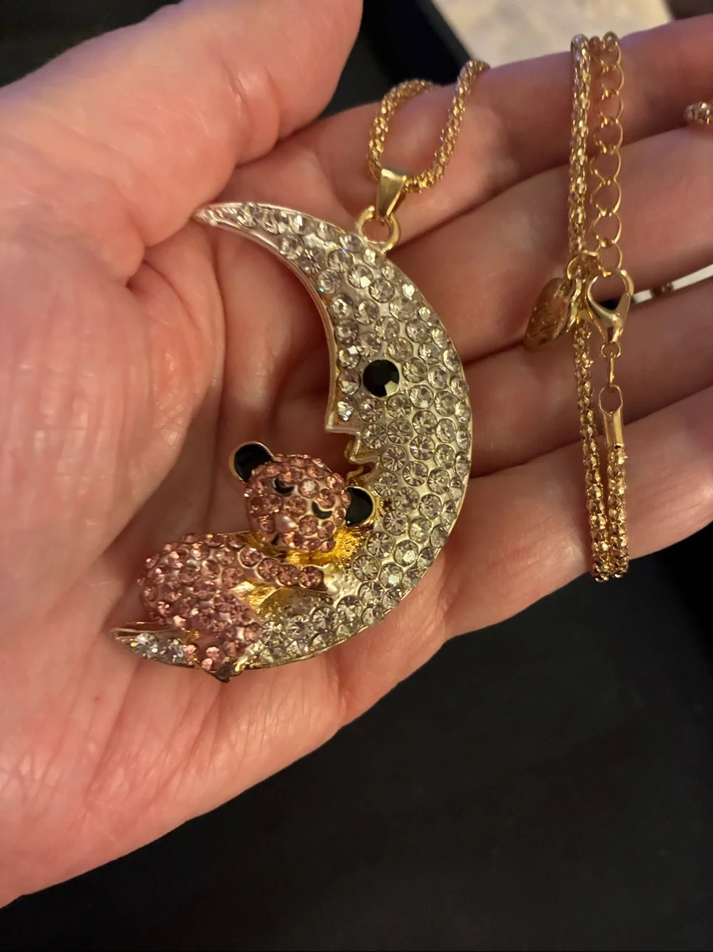 Moon & Pink Crystal Bear Gold-Tone Pendant Necklace